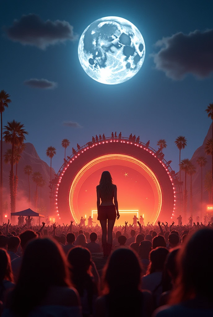 Scene of a tour called "chasing the moon around the world" and that it has two floors in the style of Lana del Rey Coachella 2024