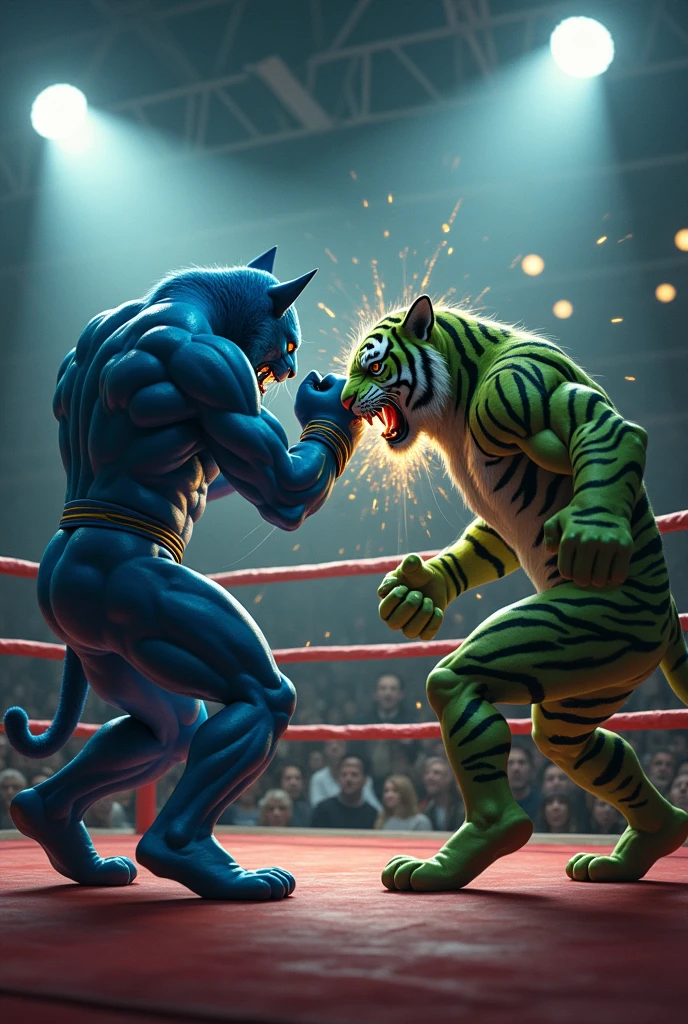 "Epic anthropomorphic boxing match: A muscular blue cat delivers a powerful kick to a green tiger in a boxing ring under bright lights. Sparks fly from the impact as the audience watches in awe."