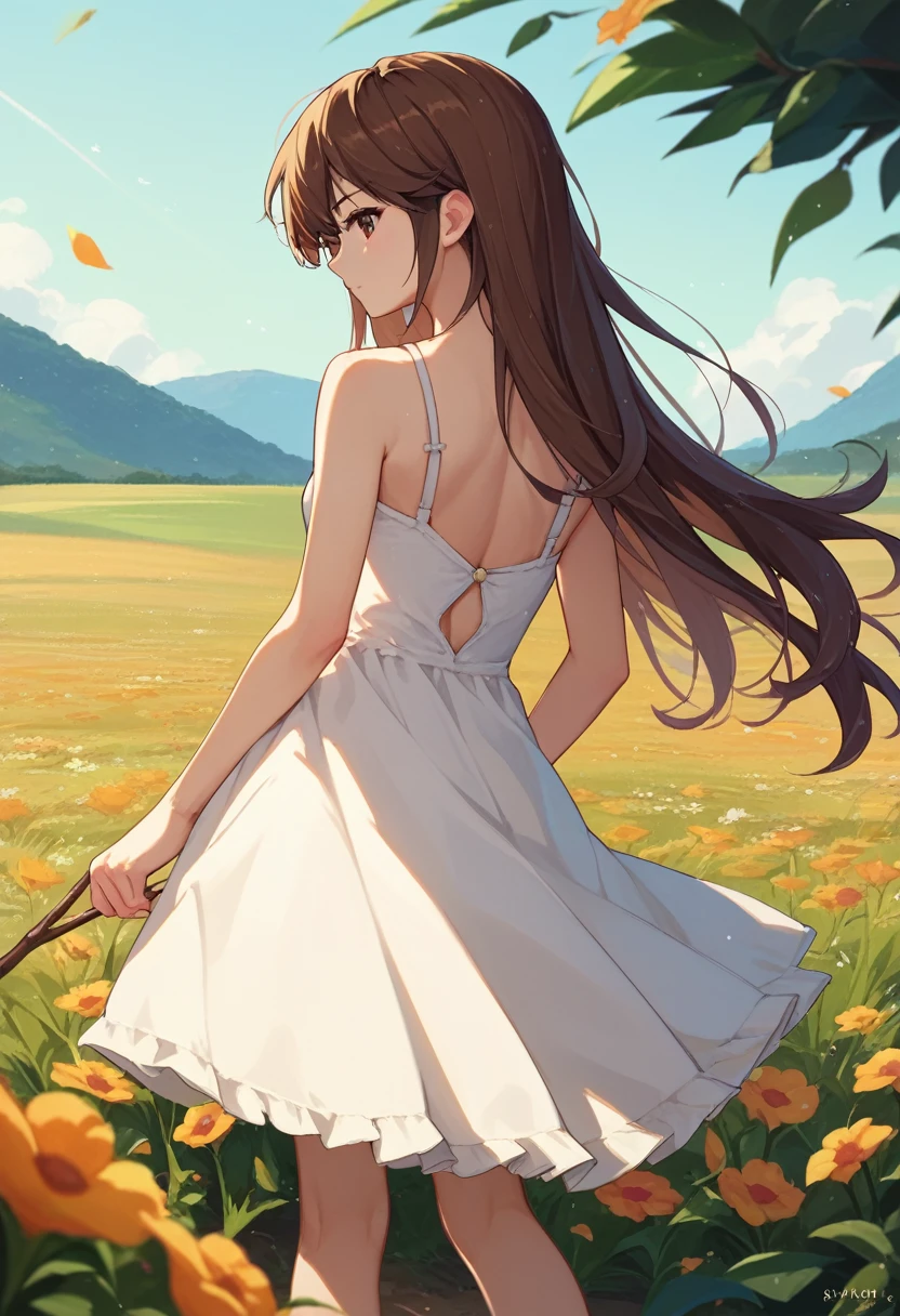 Fraction_9, Fraction_8_Direction_7_up, 1 Girl, Kazumi Kazuki, Brown hair, Long hair, Brown eyes, white sundress, Flower Field, From the back, completion, Back ，Stick out your butt 