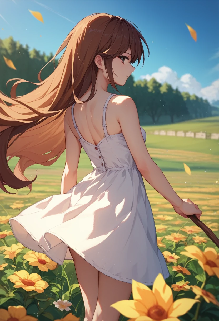 Fraction_9, Fraction_8_Direction_7_up, 1 Girl, Kazumi Kazuki, Brown hair, Long hair, Brown eyes, white sundress, Flower Field, From the back, completion, Back ，Stick out your butt 