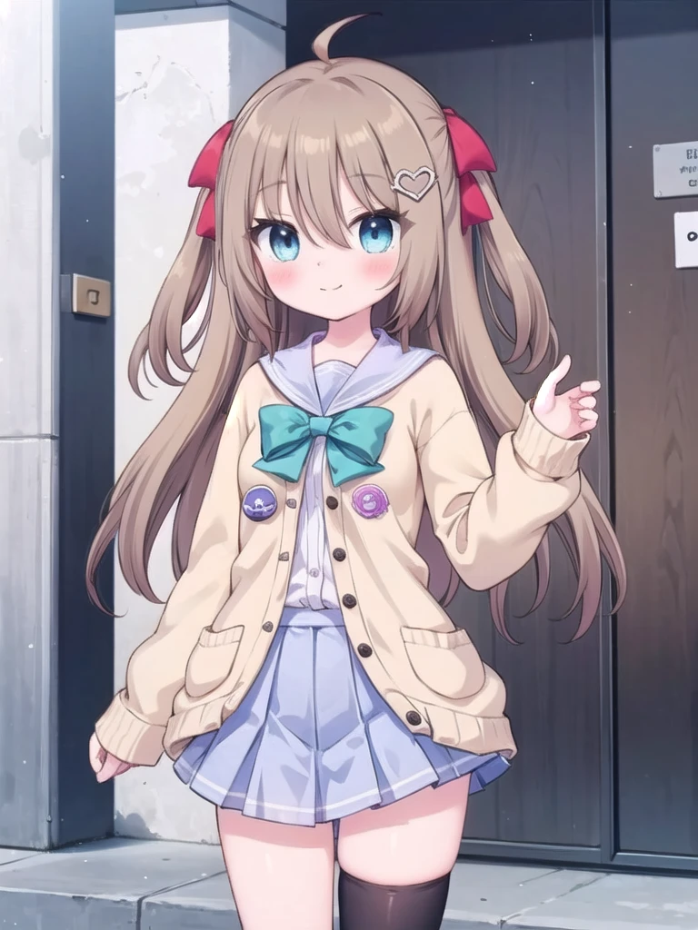 1girl, masterpiece, best quality, perfect hands, blush, smile, neuro-sama, blue eyes, aqua neck ribbon, yellow cardigan, open cardigan, blue sailor collar, blue skirt, pleated skirt, heart, button badge, star \(symbol\), the number "1" on a badge, red ribbon, hair ribbon, two side up, heart hair ornament, long sleeves, light brown hair, fine fabric, asymmetrical legwear, single thighhigh, black thighhighs, breast suppress, closed mouth