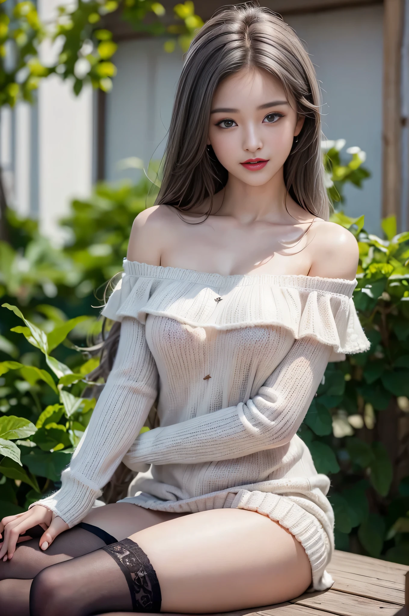 ((masterpiece:1.4)、(Highest quality:1.4)、(Realistic:1.7))、19 years old、(upper arm:1.4、Two legs:1.4)、(Perfect Anatomy:1.4)、(Perfect female body:1.4)、Girl portrait photography、Close-up photo、Full Body Shot、((Tabletop:1.4), (Highest qualityの:1.4), (Realistic:1.7), (Woman sitting cross-legged)、work, beautiful girl, One very beautiful child:1. 4), Glowing, natural skin texture, (Perfect female body: 1.4), (Perfect female body: 1.) 4), Girl portrait photography, Close-up photo, (Full body photo), Fantasy art, Soft Front Light, Beautiful expression, Cute Face, Beautiful breasts, Beautiful ass, Beautiful Eyes, Clear and eye-catching, Beautiful and attractive, Beautiful Eyes, Narrow waist, RAW Photos, Red lips, ((Gray Hair, Long Hair)) , 1 Screen Display, ),((Off-the-shoulder white hand-knitted mini dress))、 (Sexy posture), (Milky Way in the sky),(Black panties)、(Black Stockings)、(Laughter)、