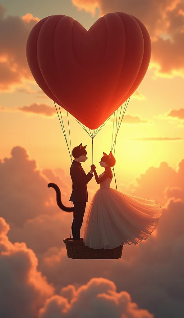 Scene 8: The Elevated Romance
Title: A Bold Ascent to Love
Description: In a heart-shaped hot air balloon, the boy cat and the lady cat ascend into the sky. His commanding presence is softened by the romantic setting, while the lady cat,  yet confident, holds his paw firmly. Her full chest and rounded hips, accentuated by her flowing gown, create a striking contrast against the backdrop of the golden sunset. As they rise above the clouds, the scene becomes a breathtaking display of their bold and powerful love.