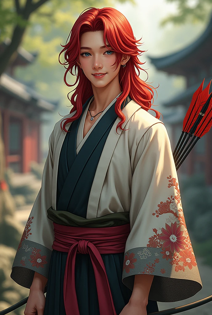 man of medium height, slightly dark skin, long wavy red hair, dark blue eyes, smiling, wearing a kimono and carrying a bow and arrow.