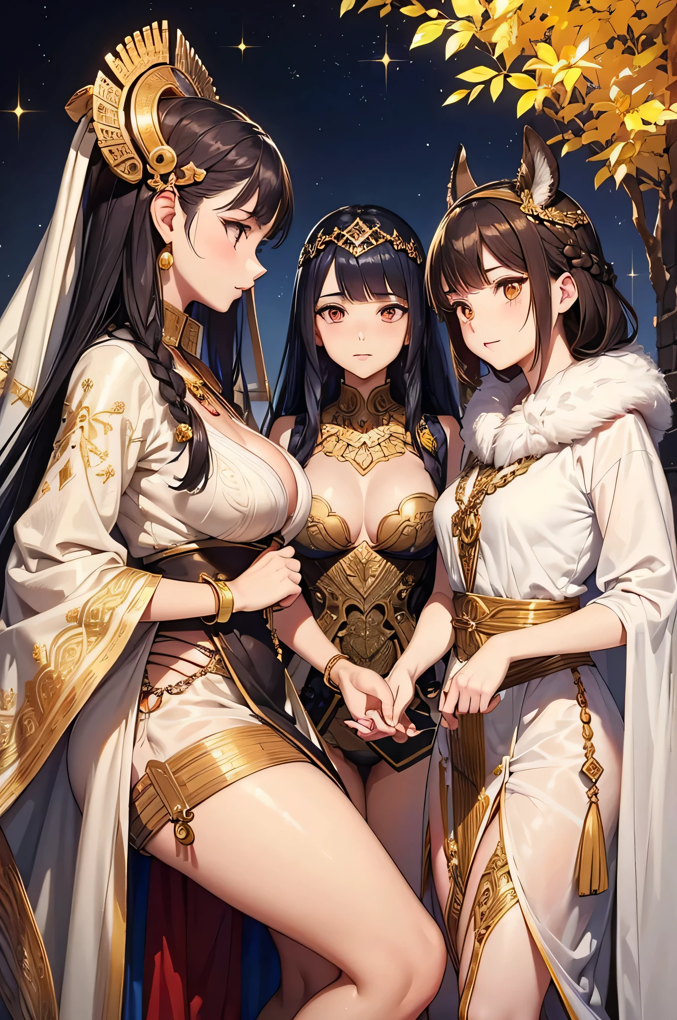all intricate details, Sexy angle, 3 girls view. Nefertari: It has an elegant and regal appearance. Her long, dark hair is braided with golden beads and adorned with ostrich feathers.. He wears a white linen tunic with gold embroidery and a royal blue linen cape.. Phenotype: His almond-shaped eyes are an intense amber color., and his skin is a warm tone, like desert sand, she is brave and strategic. Like a general's daughter, She is committed to protecting her kingdom. isis: It has a mysterious and ethereal appearance. Her snow-white hair flows down her back, and wears a long dress with magical symbols embroidered in gold thread. Phenotype: His skin is pale, almost translucent, and his eyes are a deep blue, like the night sky, She is a calm and thoughtful girl.. as a sorceress, She masters healing magic and is protective of those around her.. Sometimes, his gaze seems to traverse time and space. Amara: Has an adventurous look, Her brown hair is pulled back into a messy ponytail., and wears a silk scarf to protect herself from the desert sun. Phenotype: His green eyes shine with curiosity, and his skin is tanned by the sun, She is curious and brave, as an archaeologist, is fascinated by ancient secrets and forgotten tombs Sekhmet: She is an imposing girl with a perfect and fierce body.. Her flame-red hair is braided with gold beads and adorned with lapis lazuli jewelry.. Phenotype: Her golden eyes seem to reflect the inner fire of her warrior spirit but she is passionate and temperamental so she likes to walk showing her body as much as possible to the point of being naked.. As leader of the rebels, fight oppression with ferocity, She is also a professional seductive girl