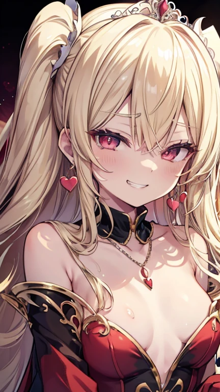 Semi-long blonde hair　Only the tip is green　tiara　Precious metals　Red Cape　Royalty　girl　front　Wicked Smile、((Grin))　Background white　Small breasts　Slender　necklace　Bracelet　Shoulder Bare　Slut　Hearts in the eyes　Star Earrings　Sweat　Embarrassed　Lolita