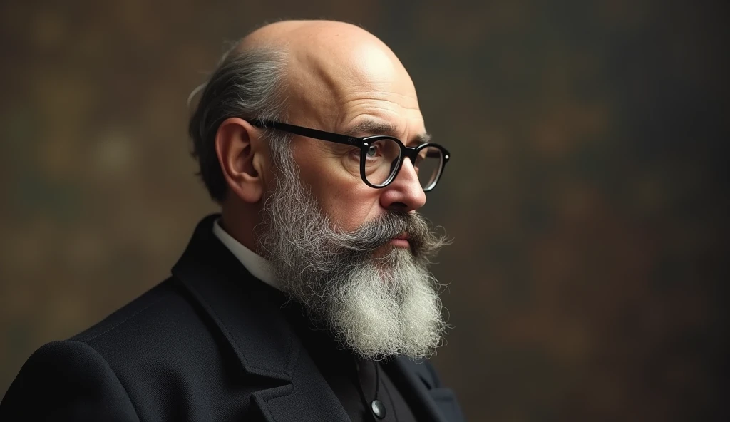 make a picture of Piotr Kropotkin from the front and further away he is bald in the middle of his head and wears glasses