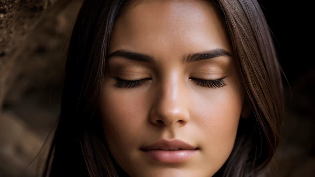 (Better image quality) face of a beautiful woman with brown eyes and brown hair praying with her eyes closed ;in a cave ;very attractive image.