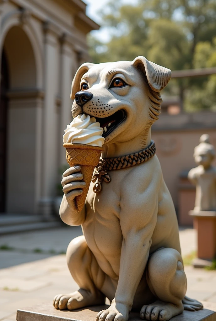 statue of a dog eating ice cream in a mythological epoch