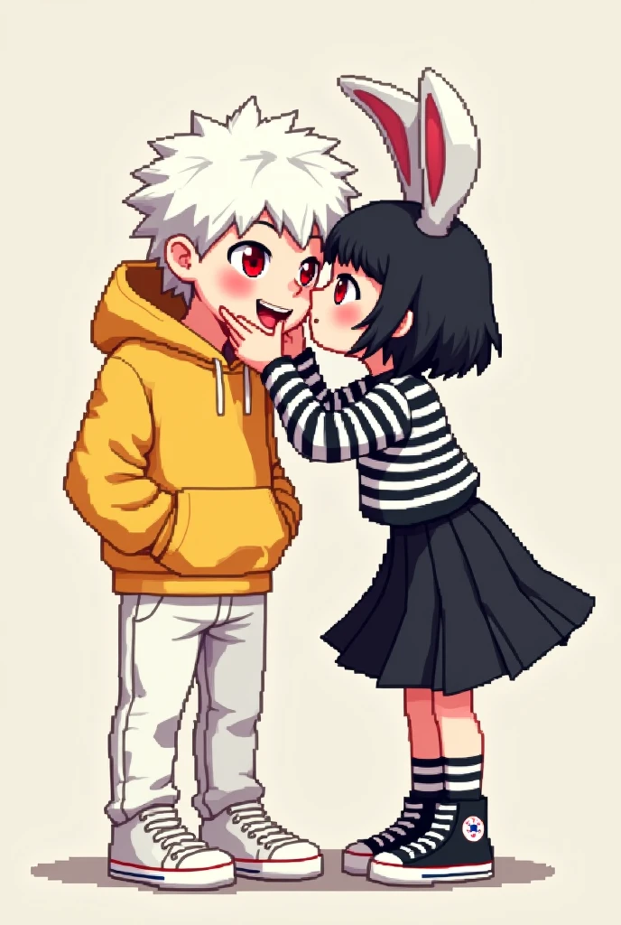an emo boy,with white hair,Eyes red,with white pants,with yellow sweatshirt wearing the hood, White sneakers, with a girl with bunny ears, with short black hair, with a black and white striped shirt,a black skirt, black and white striped socks,with short bangs, with an ALL star sneaker, with her pulling his cheek, pixel art