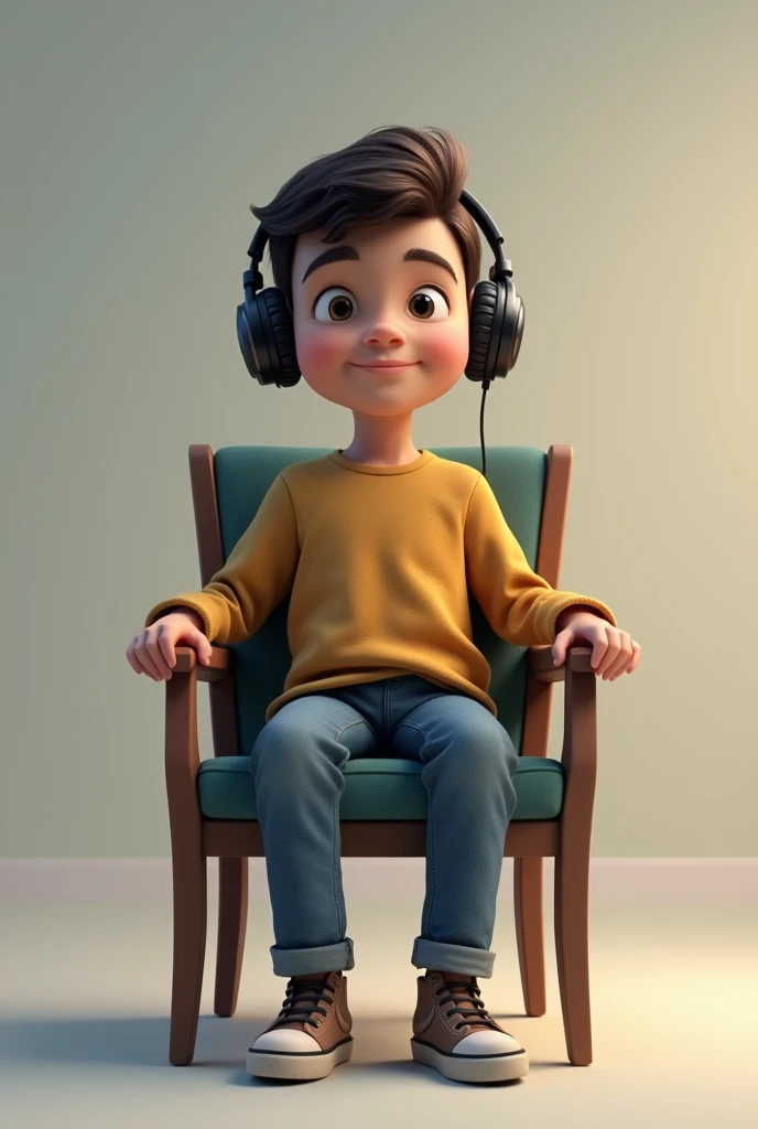 A boy is sitting on a chair and has headphones on his head