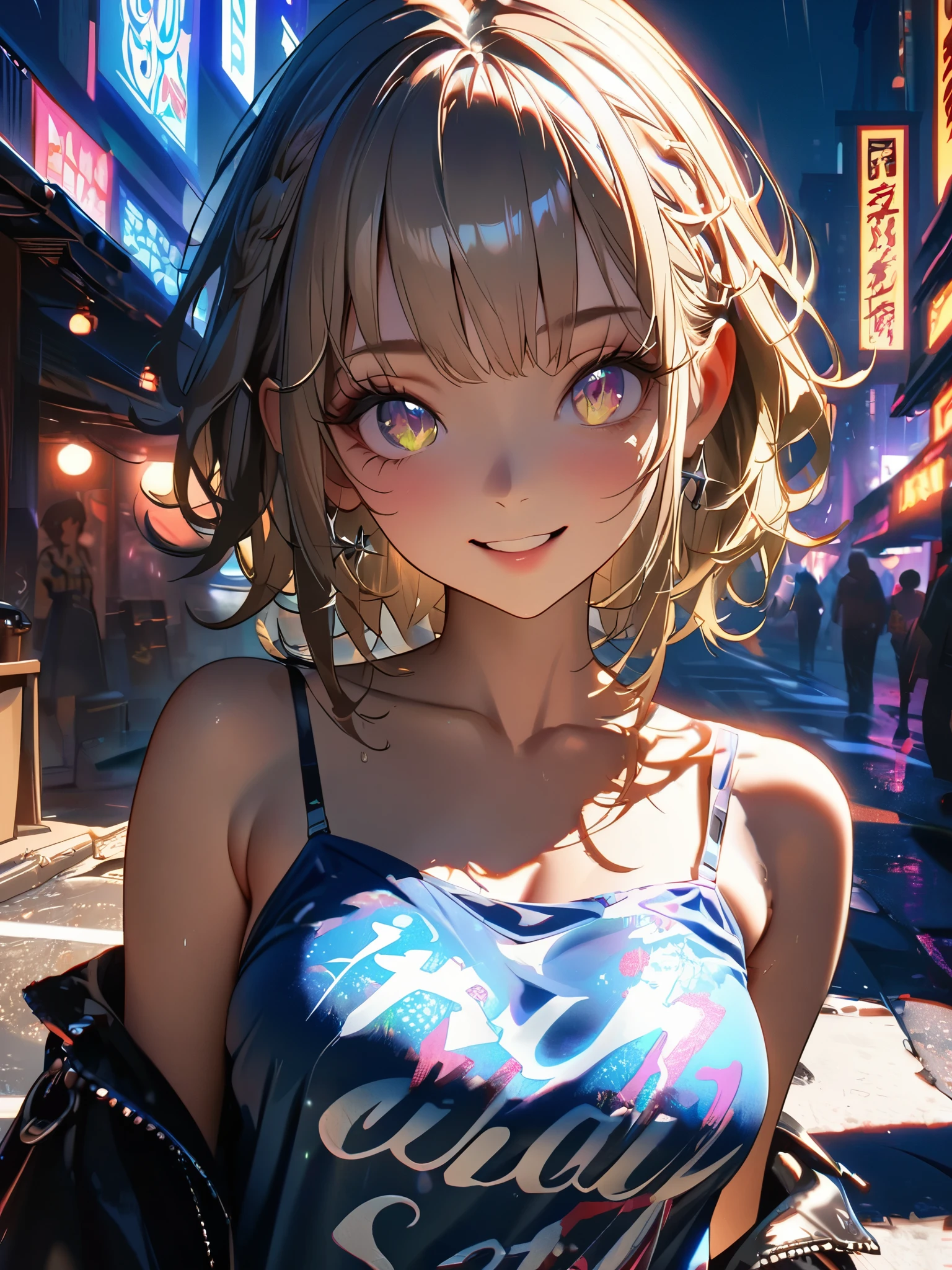 1 girl, chromatic aberration, Written boundary depth, Soft Light, masterpiece, Highest quality, complicated, Tone Mapping, A place where fireworks are set off at festivals. Concept Art, Smooth, Clear focus, Dramatic lighting, Very cinematic, super practical painting, アートステーション's trending, 8k, Incredible Shadows, practical,  whole body, View, Viewers, Portrait of a Girl 1, standing on street corner, Heavy rain and lightning、Dark Sky, neon and cyber punk background, she is dressed in punk clothing with silver chains and silver spikes, Her hair was dyed light brown.............Ominous aura of light, smile, punk, ciber punk, Backlight.Fashionable clothes、Friendly dress code: Blue camisole.My breasts are a little big