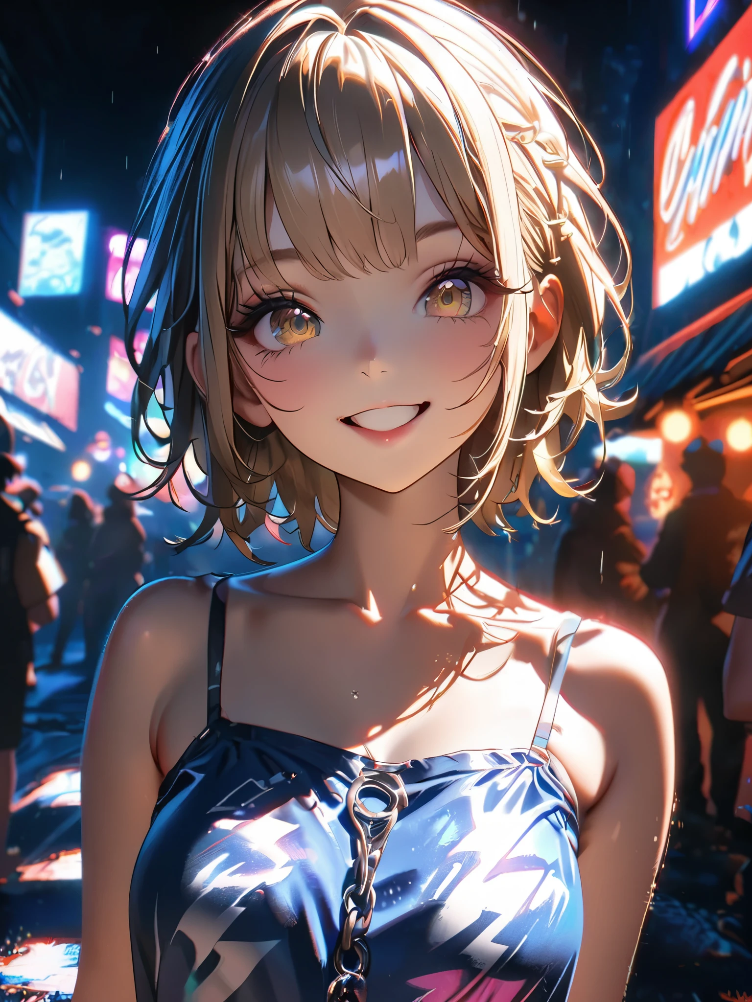 Anime girl in a blue dress standing in a crowded street - SeaArt AI