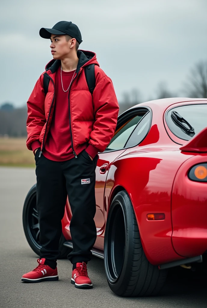 Give me a picture where there is a teenage male dressed in baggy black pants, a red shirt with a red jacket and a black cap next to a super modified Toyota Supra MK4