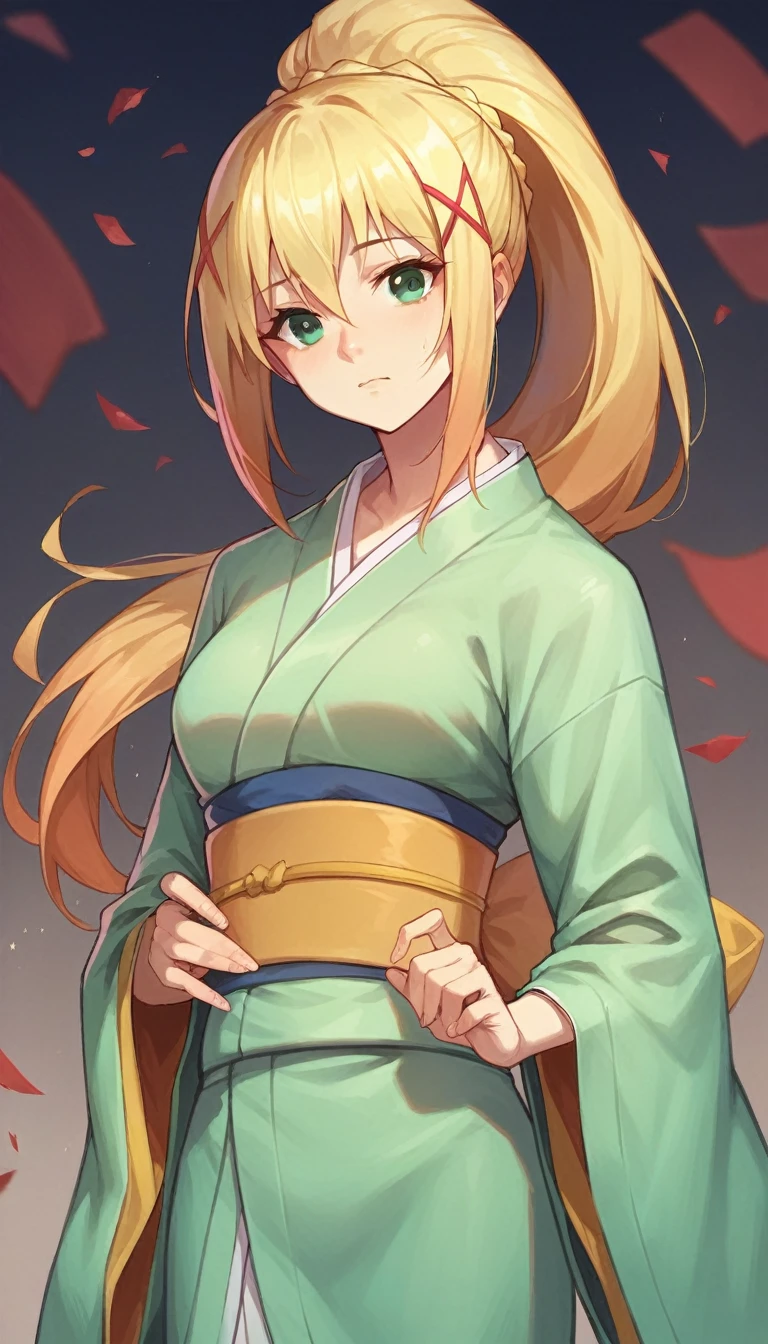 1girl, solo, japanese clothes, sash, kimono, bangs, looking at viewer, obi, gradient,darkness \(konosuba\), long hair, green eyes, blonde hair, hair ornament, ponytail, x hair ornament