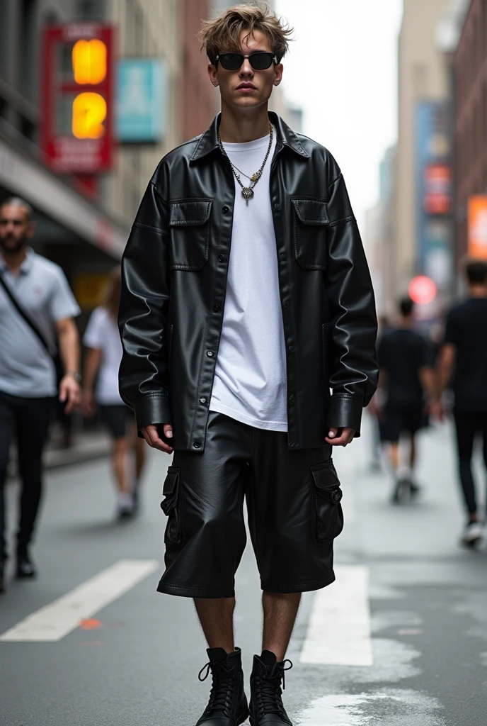 Black XXL leather Bermuda shorts with white overside t-shirt and black overside leather shirt STREET WEAR STYLE