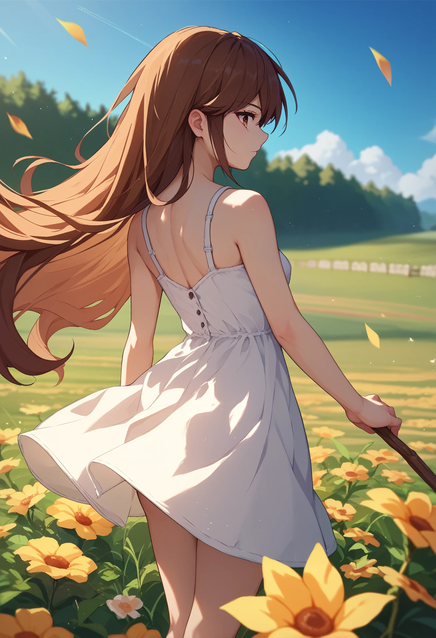 Fraction_9, Fraction_8_Direction_7_up, 1 Girl, Kazumi Kazuki, Brown hair, Long hair, Brown eyes, white sundress, Flower Field, From the back, completion, Back ，Stick out your butt 