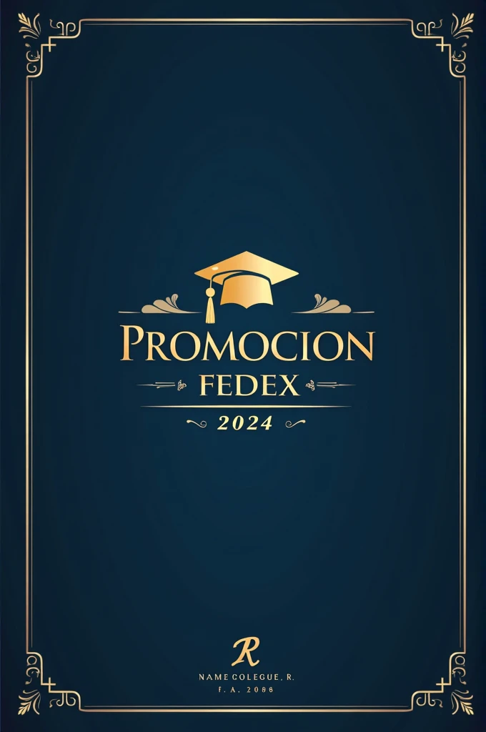 Portada de anuario para la promoción de secundaria fEDEX del Colegio R. f. A. 2088. The design should be elegant and sophisticated, with a background in a soft shade of midnight blue, that gives a professional look. In the middle, el texto 'Promoción fEDEX 2024' en una fuente clásica y estilizada, with gold lettering and a slight shadow effect for added depth. On top, a subtle design of a golden pennant with the name of the school, 'R College. f. A. 2088', in a smaller complementary font. Add an artistic illustration of a diploma and a graduate hat in the lower right corner, with a detailed and elegant finish. Use gold and silver details to highlight important elements and create an attractive contrast. The design should convey a sense of achievement and celebration, suitable for an award-winning cover.