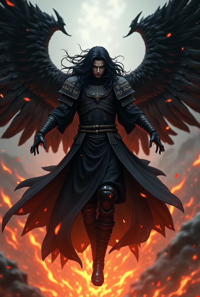 (Madara Uchiha ) (masculine) ( levitating) ( warrior armor ) ( long wavy black hair) (Black wings with Hebrew scriptures inscribed on them and set on fire) ( Black Aura of Fire) ( Hides part of his face)