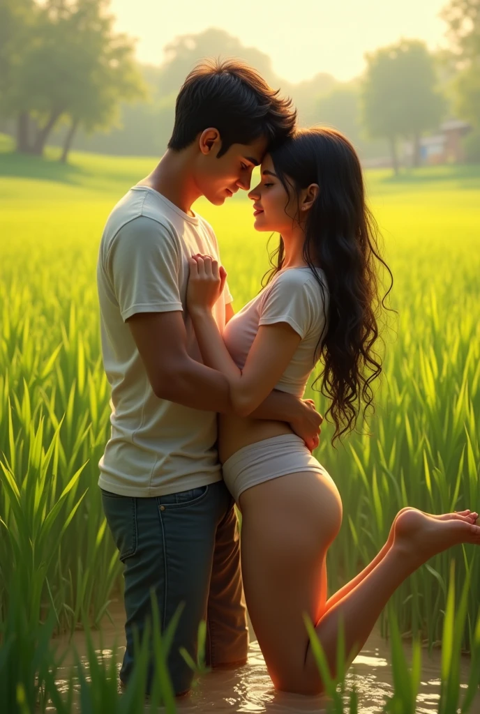 Bangladeshi boy and girl are having romance in paddy field girl is wearing t-shirt wet body is visible boy is raising one leg