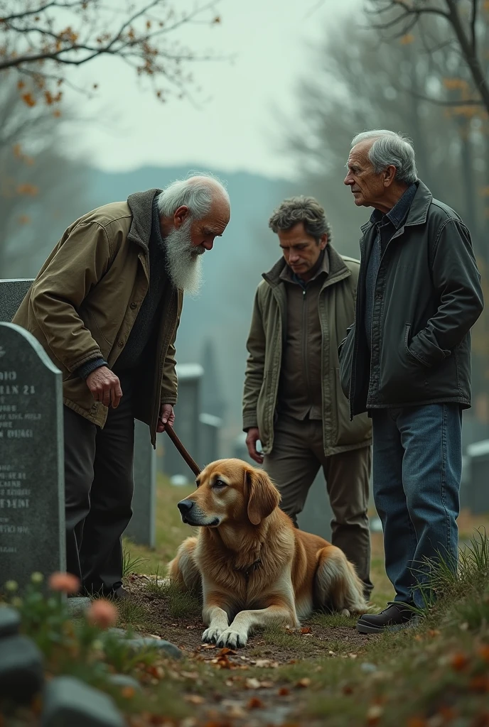 The old man and the old dog are buried because they died,then their family went to the cemetery