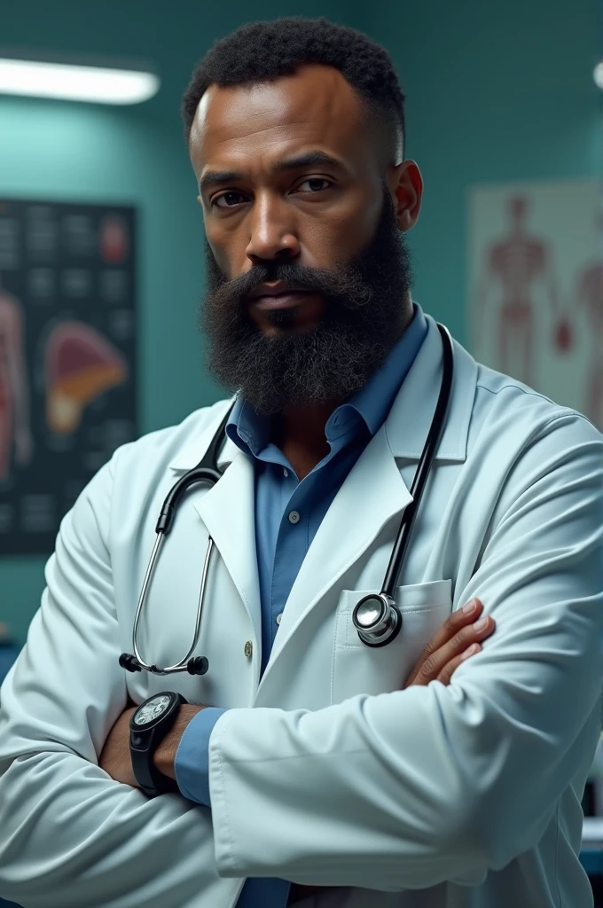 Design a dark-skinned doctor with a beard who has studied a specialty 
