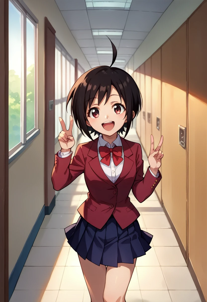 score_9, score_8_up, score_7_up, 1girl, solo, sakuTomo, black hair, short hair, ahoge, maroon blazer, red bowtie, pleated skirt, happy, peace sign, looking at you, school, hallway