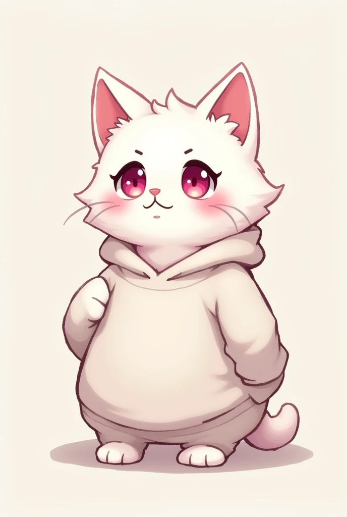 Drawing of a white haired cat with pink eyes and pink ears wearing a half body sweatshirt