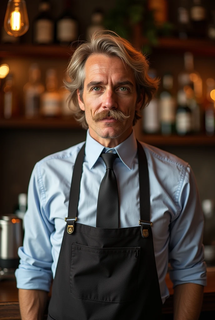 Very thin middle-aged man with a blond moustache wearing a bartender's outfit