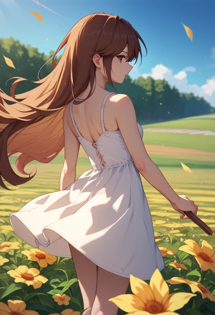 Fraction_9, Fraction_8_Direction_7_up, 1 Girl, Kazumi Kazuki, Brown hair, Long hair, Brown eyes, white sundress, Flower Field, From the back, completion, Back ，Half on his stomach