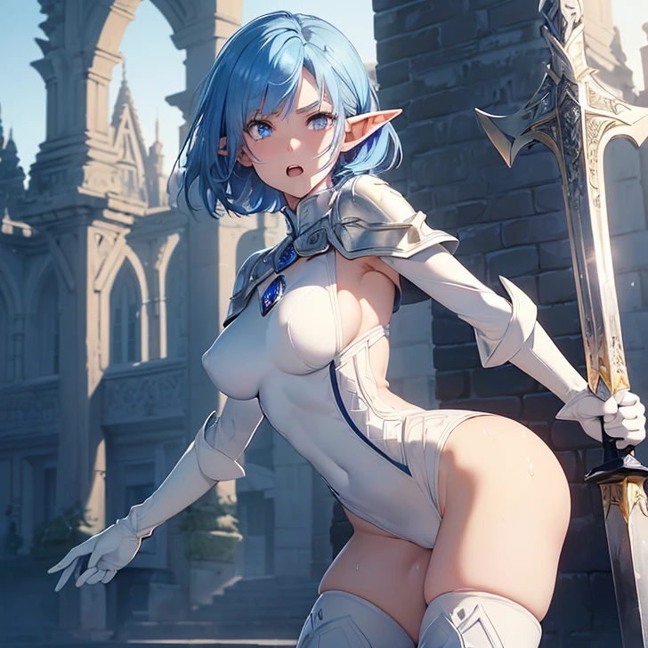 Absurdres, masterpiece, highest quality, very detailed features and textures, alone solo character, anime style, fantasy genre
{{(14 years old blue haired elf girl:(pale skin, short pointy ears, sapphire-blue very short messy hair, heterochromatic eyes, very thin lips, nice teenage body, breasts, big butt, beautiful arms, beautiful legs, serious face, open mouth clenching her teeth),(white bodysuit, white sleeves, white gloves, white boots),(training sword fight, holding a giant claymore sword with two hands, sweating nervous, trying to stand up),(danish castle training grounds, sunny morning, danish houses around)}}