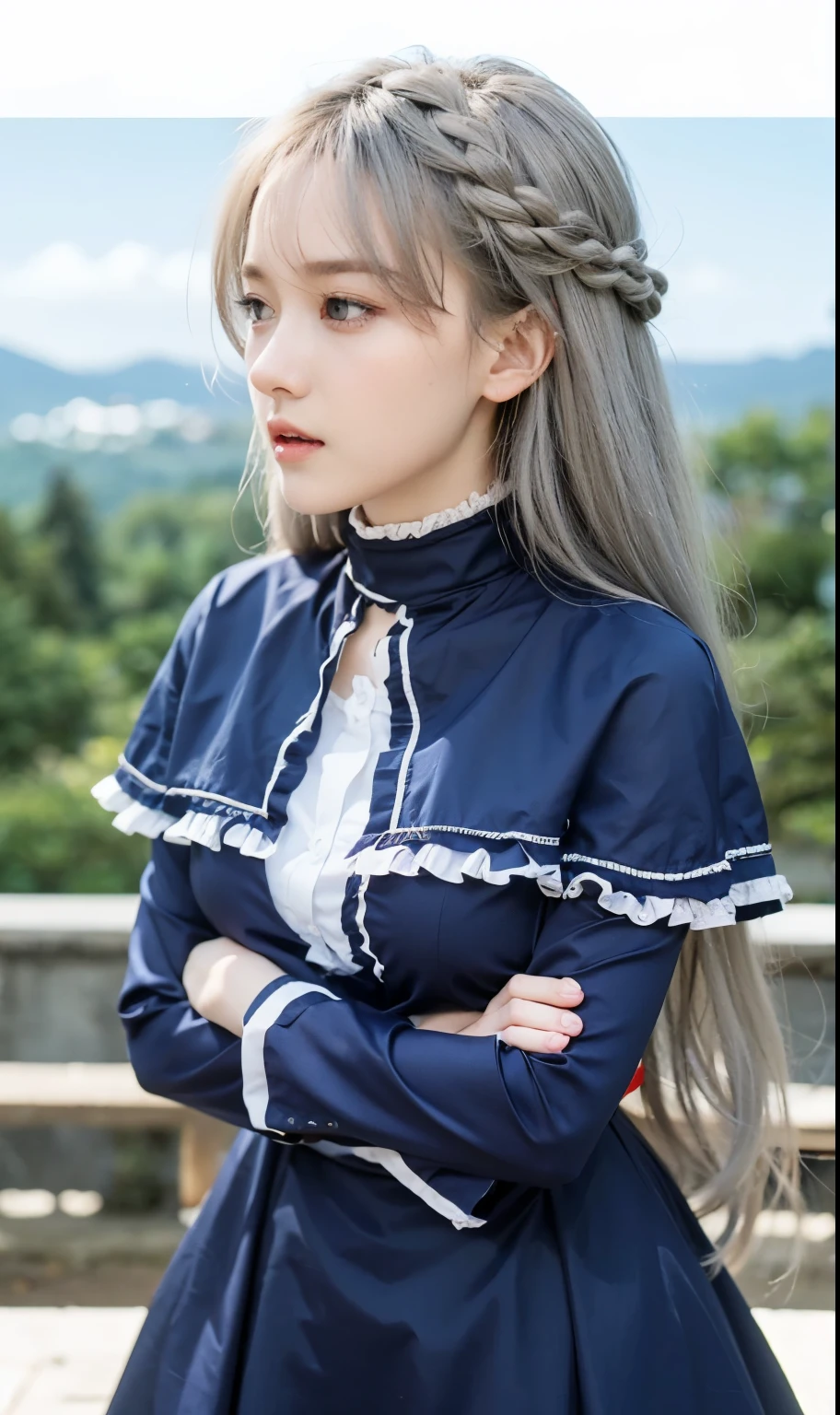 Lawine, frieren anime caracter, grey hair, blue eyes, blue clothes, outdoor background, detailed face, detailed hair, detailed eyes, detailed hand, ultra realistic, ultra detailed, best quality, masterpiece.