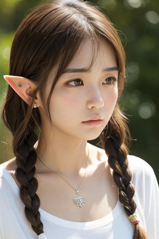 ((Highest quality)), ((masterpiece)), (photo realistic:1.55), (detailed), One Japanese Girl, Facing forward, Japanese, young girl, 16 years old, Sunburned skin, Realistic texture, realistic skin, flat chest, Lift your chest, puffy face, (broad jawline:1.5), Light Brown Hair, short hair, Bobcut, (Messy Hair:1.2), (((Elf))), Thin eyebrows, no makeup, , T shirts, twin braids, drop earrings, leather necklace, Scowling