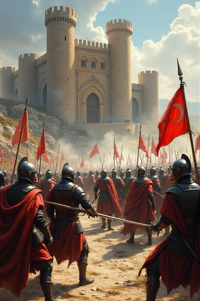 Turkish soldiers fighting with Byzantine soldiers in front of the castle, oil painting, chaos