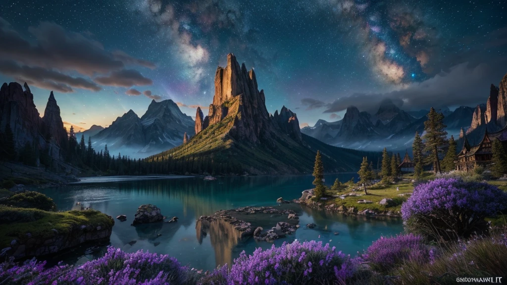 "Epic and fantastical landscape of Eternia, the world of He-Man and The Masters of the Universe. Towering, rocky mountains rise towards a sky full of intricate colors, with hazy tones and galactic sparkles. Huge ancient trees and lush vegetation cover the terrain , with a palette of greens, blues and purples that blend with the cosmic nuances of the sky.

Crystal-clear rivers and waterfalls wind through the landscape, reflecting the changing colors of the sky. Ancient ruins and mystical structures blend with nature, creating an atmosphere of magic and mystery. The light appears to radiate from multiple sources, giving an ethereal and otherworldly appearance to the scene.

Intricate details in every element, from the textures of the rocks and vegetation to the patterns and glows of the sky. The composition creates a sense of grandeur and splendor, capturing the epic and fantastical essence of the world of Eternia. High resolution image that invites exploration and imagination." (best quality, 4k, 8k, high resolution, masterpiece: 1.2), ultra-detailed, (realistic, photorealistic, photorealistic: 1.37), intricate details, highly detailed, cinematic lightin