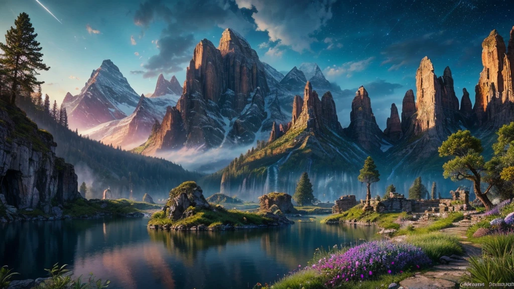 "Epic and fantastical landscape of Eternia, the world of He-Man and The Masters of the Universe. Towering, rocky mountains rise towards a sky full of intricate colors, with hazy tones and galactic sparkles. Huge ancient trees and lush vegetation cover the terrain , with a palette of greens, blues and purples that blend with the cosmic nuances of the sky.

Crystal-clear rivers and waterfalls wind through the landscape, reflecting the changing colors of the sky. Ancient ruins and mystical structures blend with nature, creating an atmosphere of magic and mystery. The light appears to radiate from multiple sources, giving an ethereal and otherworldly appearance to the scene.

Intricate details in every element, from the textures of the rocks and vegetation to the patterns and glows of the sky. The composition creates a sense of grandeur and splendor, capturing the epic and fantastical essence of the world of Eternia. High resolution image that invites exploration and imagination." (best quality, 4k, 8k, high resolution, masterpiece: 1.2), ultra-detailed, (realistic, photorealistic, photorealistic: 1.37), intricate details, highly detailed, cinematic lightin