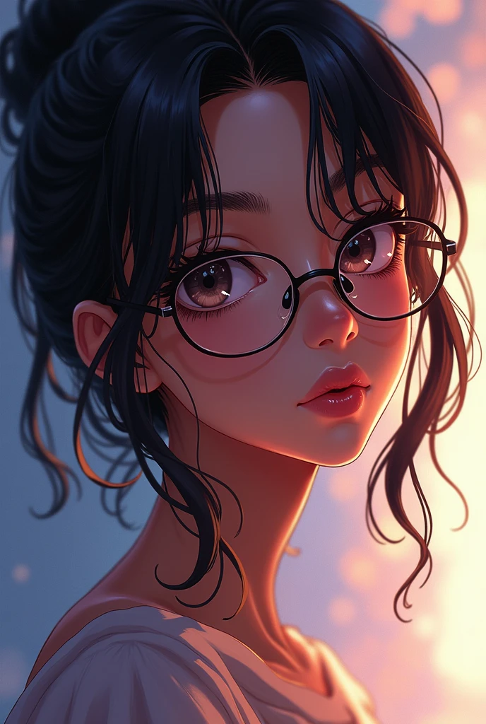 crybaby, crying, tears, eye focus, 1girl, solo, black background,, score_9, score_8_up, score_8, score_7_up, score_7,, silhouette glowing tears, solo, portrait, black_eyes eyeless empty_eyes, (1girl, solo, college girl,  black-rimmed glasses askew, frizzy curls messy bun), crying, in bed, dynamic pose, dutch angle, bokeh, 4k, highly detailed, big circular reflective eyes, dof, (cinematic film), Disney realism, Pixar style, subtle fine details, HDR, octane render, incredible composition, superb lighting and detail