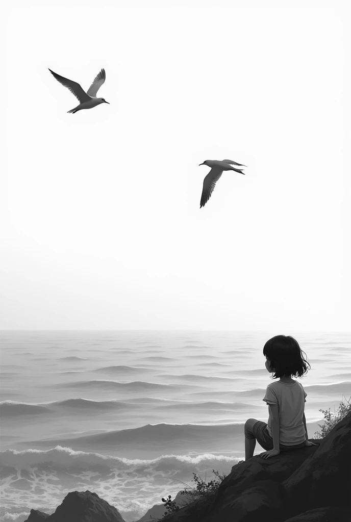 A girl sitting looking at the sea and two birds flying in the sky in black and white
