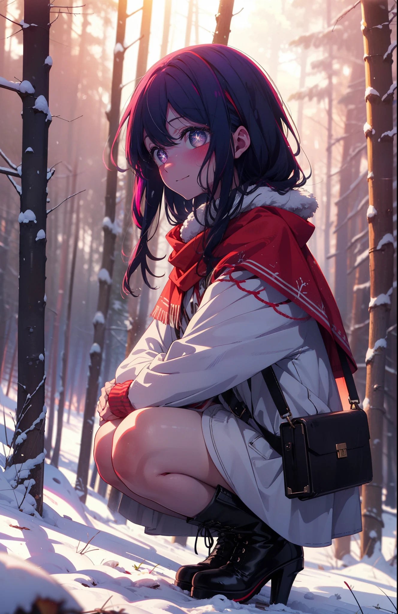 aihoshino, Ai Hoshino, Long Hair, bangs, (Purple eyes:1.1), Purple Hair, (Symbol-shaped pupil:1.5), smile,,smile,blush,white breath,
Open your mouth,snow,Ground bonfire, Outdoor, boots, snowing, From the side, wood, suitcase, Cape, Blurred, , forest, White handbag, nature, Squat, Mouth closed, Cape, winter, Written boundary depth, Black shoes, red Cape break looking at viewer, Upper Body, whole body, break Outdoor, forest, nature, break (masterpiece:1.2), Highest quality, High resolution, unity 8k wallpaper, (shape:0.8), (Beautiful and beautiful eyes:1.6), Highly detailed face, Perfect lighting, Highly detailed CG, (Perfect hands, Perfect Anatomy),