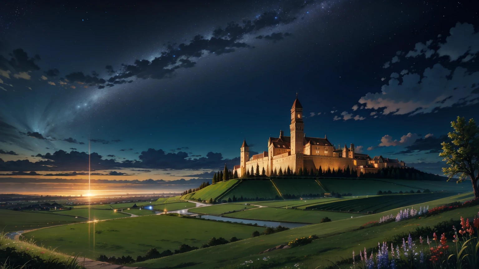 middle ages　Fantasy　grassland　Night view　Starry Sky