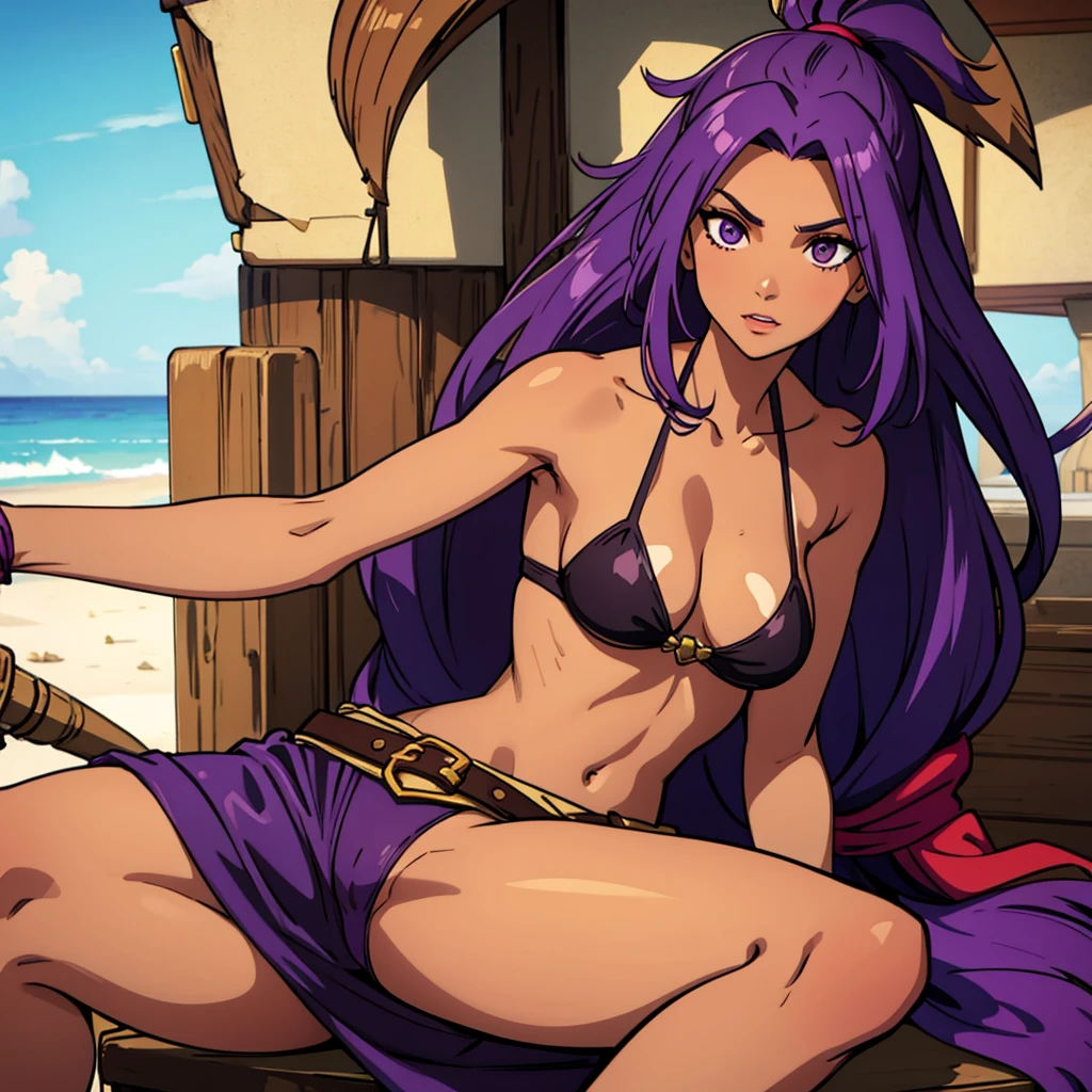 A female pirate with purple hair and tanned skin 