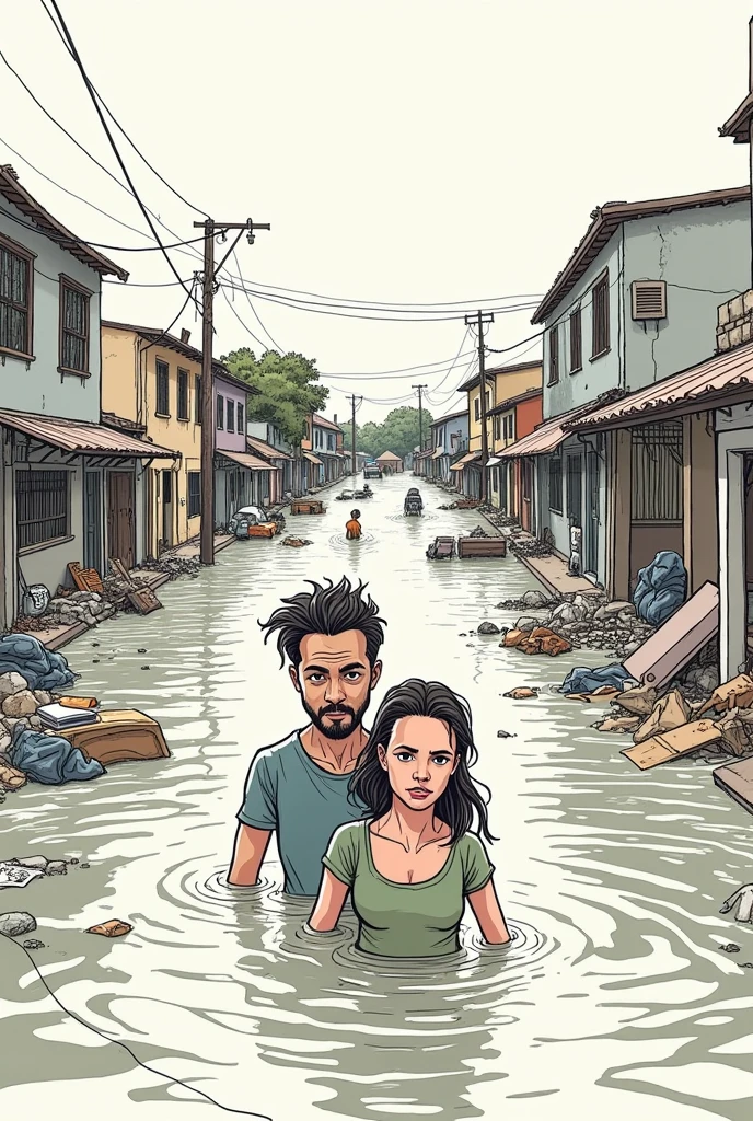 Create a simple reinterpretation but using the cartoon as a basis "We want to vote " from Henfil 1978, image as if it were a hand-drawn drawing, of the tragedy that occurred in Rio Grande do Sul caused by the flood