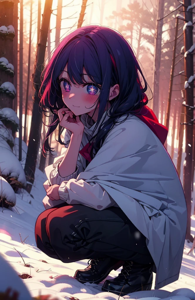 aihoshino, Ai Hoshino, Long Hair, bangs, (Purple eyes:1.1), Purple Hair, (Symbol-shaped pupil:1.5), smile,,smile,blush,white breath,
Open your mouth,snow,Ground bonfire, Outdoor, boots, snowing, From the side, wood, suitcase, Cape, Blurred, , forest, White handbag, nature,  Squat, Mouth closed, Cape, winter, Written boundary depth, Black shoes, red Cape break looking at viewer, Upper Body, whole body, break Outdoor, forest, nature, break (masterpiece:1.2), Highest quality, High resolution, unity 8k wallpaper, (shape:0.8), (Beautiful and beautiful eyes:1.6), Highly detailed face, Perfect lighting, Highly detailed CG, (Perfect hands, Perfect Anatomy),