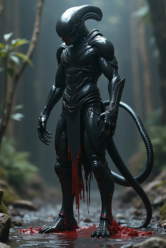 Alien in black armor，There is blood dripping from the tail