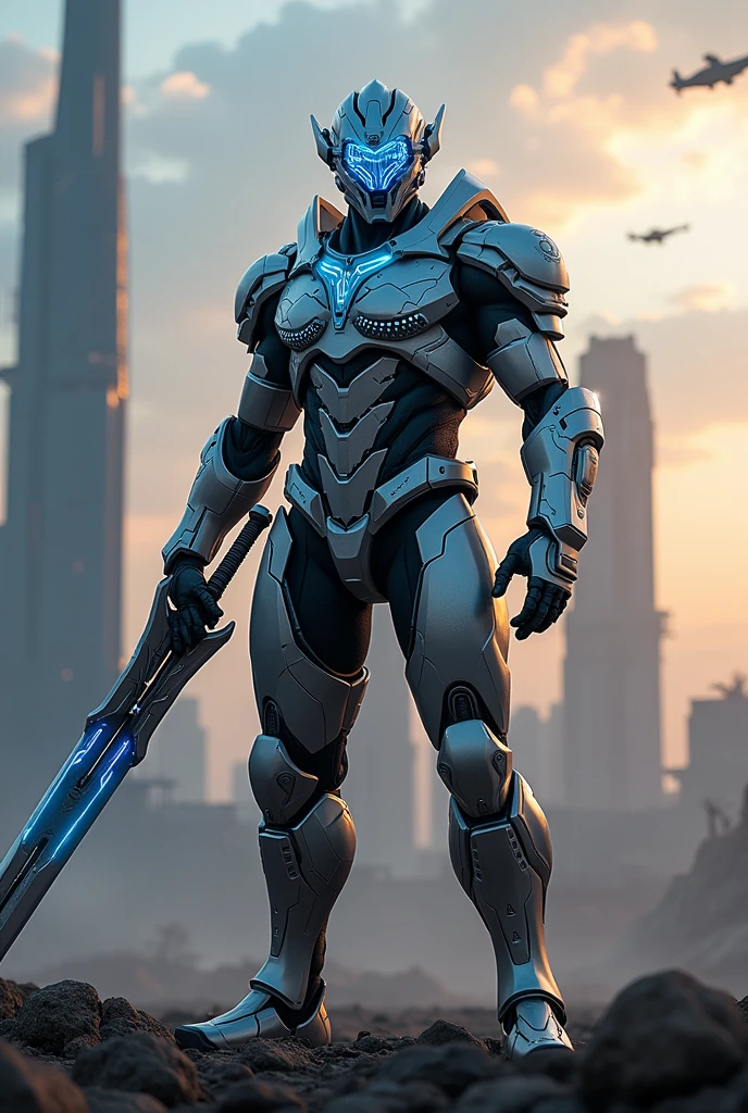 Create an image of a majestic futuristic warrior standing tall on a battlefield at dusk. The warrior wears advanced, sleek armor made of shining metallic alloys, with intricate glowing patterns that pulse with energy. His helmet is designed with a visor that reflects a bright, holographic display of data. In one hand, he holds a massive, high-tech sword that emits a faint blue light, while the other hand is raised, generating a force field. The background shows a vast, futuristic city with towering skyscrapers, some partially destroyed from the battle. The sky is filled with swirling clouds and distant flying vehicles. The overall atmosphere is epic and awe-inspiring, with the warrior embodying both strength and honor.