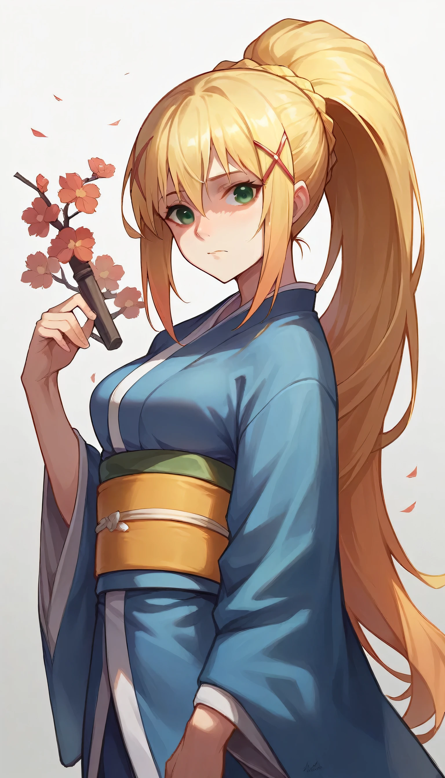 1girl, solo, japanese clothes, sash, kimono, bangs, looking at viewer, obi, gradient,darkness \(konosuba\), long hair, green eyes, blonde hair, hair ornament, ponytail, x hair ornament