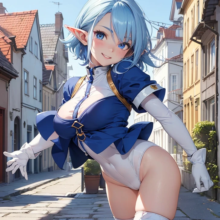 Absurdres, masterpiece, highest quality, very detailed features and textures, alone solo character, anime style, fantasy genre
{{( blue haired elf girl: (pale skin, short pointy ears, sapphire-blue short messy hair, heterochromatic eyes, very thin lips, nice teenage body, breasts, big butt, beautiful arms, beautiful legs, happy face, open smile, running happy), (white bodysuit, white sleeves, white gloves, white longboots), (danish city street, sunny morning, danish houses around)}}