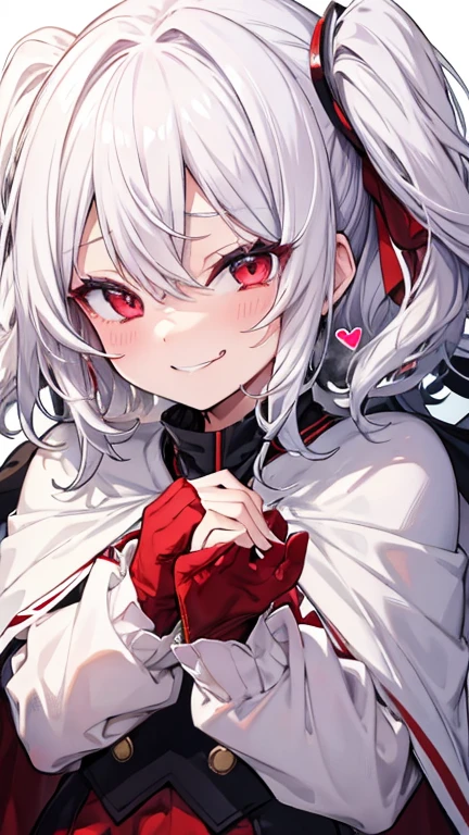 Silver Hair　Unkempt hair　Fearless smile　Black school uniform　One person　front　Background white　Red eyes　Anime Style　　Red Cape　Wicked Smile、((Grin))　Hearts in the eyes　Sweat　Embarrassed　Lolita　semen　Sticking out tongue