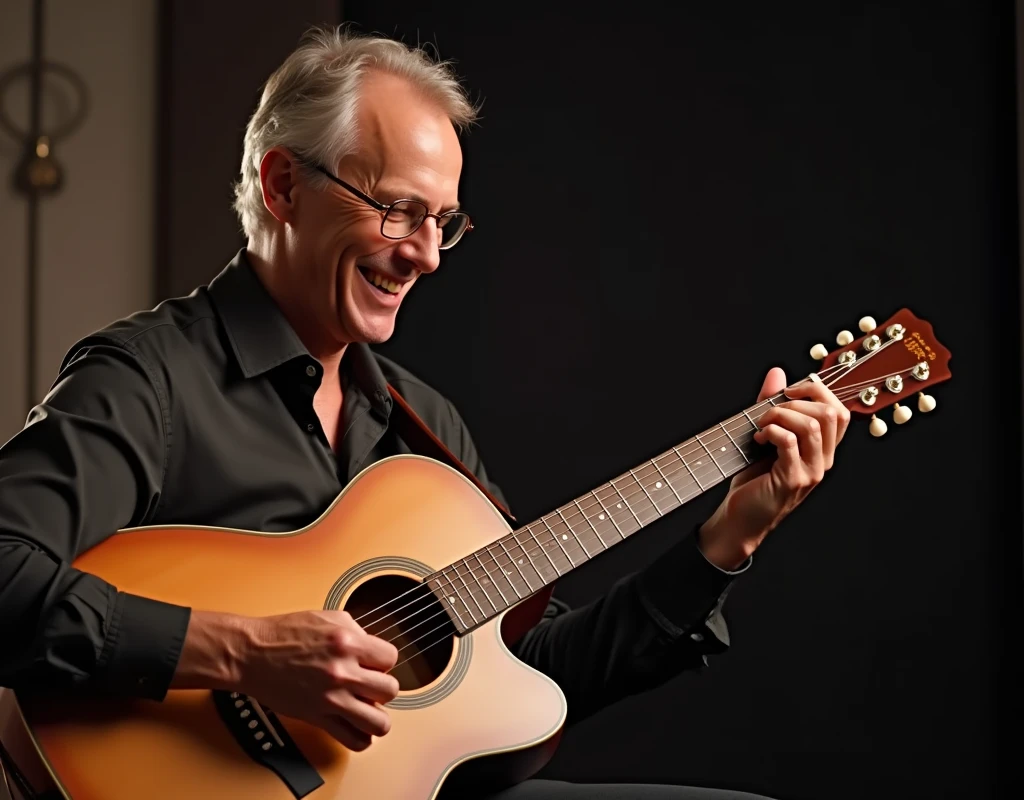 Create an image of a guitarist smiling while playing