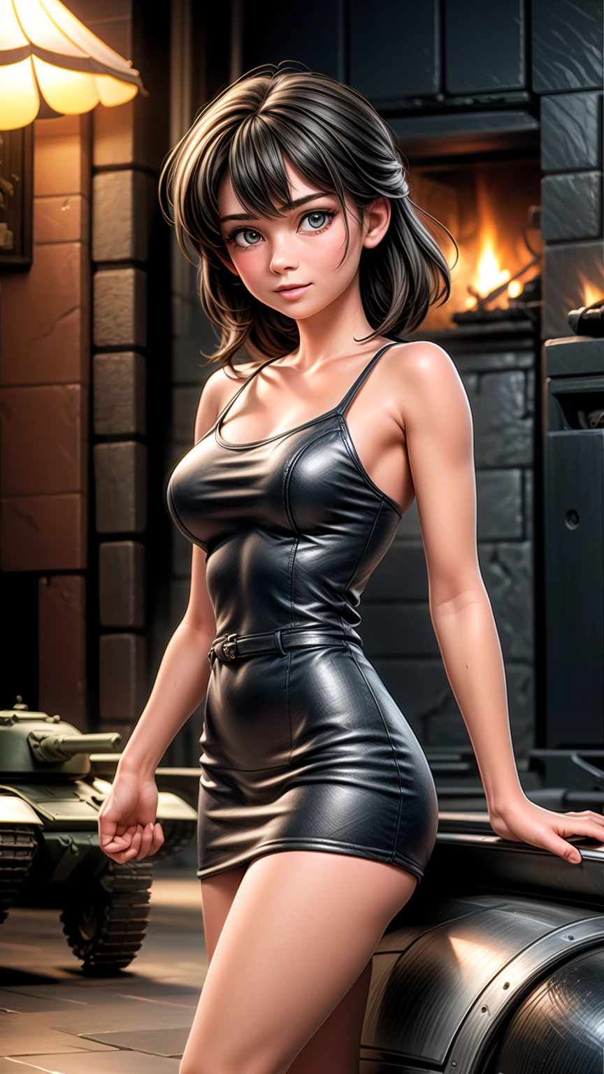 Beautiful girl washing an armored tank